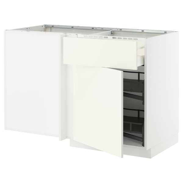 METOD / MAXIMERA corner base cab w drawer and p-out, white/Vallstena white, 128x68 cm