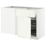 METOD / MAXIMERA corner base cab w drawer and p-out, white/Tistorp brown walnut effect, 128x68 cm