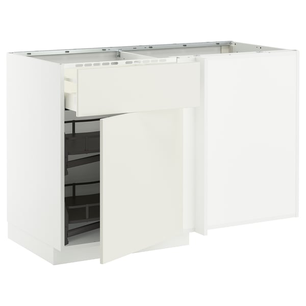 METOD / MAXIMERA corner base cab w drawer and p-out, white/Veddinge white, 128x68 cm