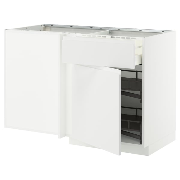 METOD / MAXIMERA corner base cab w drawer and p-out, white/Voxtorp matt white, 128x68 cm