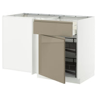 METOD / MAXIMERA corner base cab w drawer and p-out, white/Voxtorp high-gloss dark grey-brown, 128x68 cm