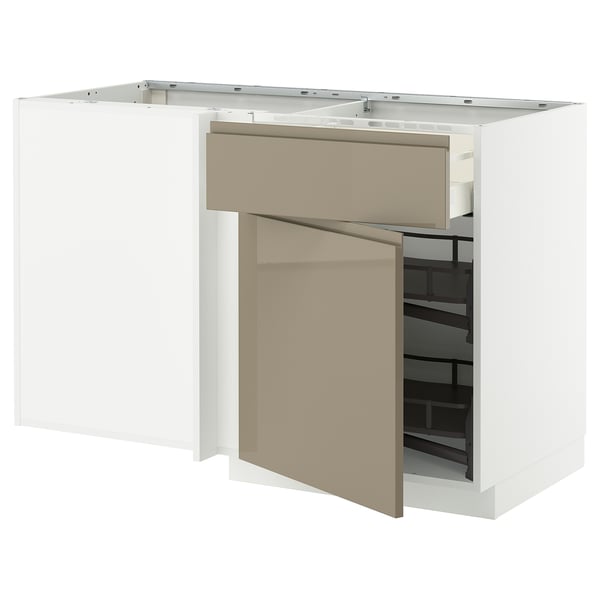METOD / MAXIMERA corner base cab w drawer and p-out, white/Voxtorp high-gloss dark grey-brown, 128x68 cm