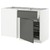 METOD / MAXIMERA corner base cab w drawer and p-out, white/Voxtorp dark grey, 128x68 cm