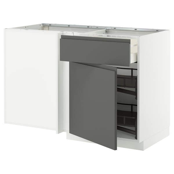 METOD / MAXIMERA corner base cab w drawer and p-out, white/Voxtorp dark grey, 128x68 cm
