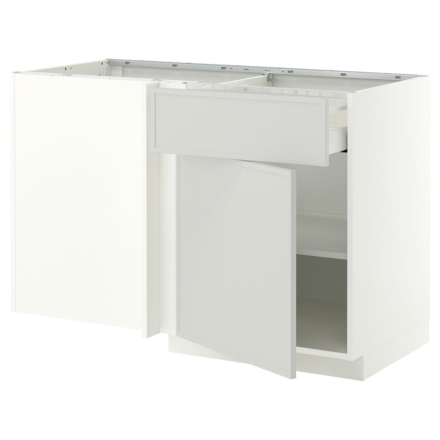 METOD / MAXIMERA corner base cab w drawer and shelf, white/Aspudden light grey, 128x68 cm