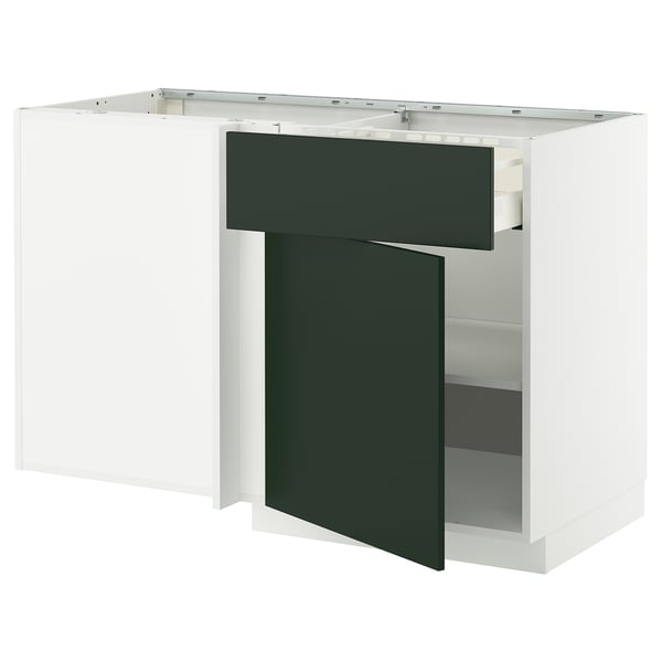 METOD / MAXIMERA corner base cab w drawer and shelf, white/Voxtorp high-gloss dark grey-brown, 128x68 cm