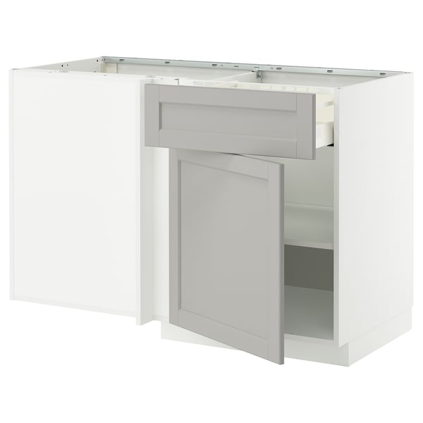 METOD / MAXIMERA corner base cab w drawer and shelf, white/Lerhyttan light grey, 128x68 cm