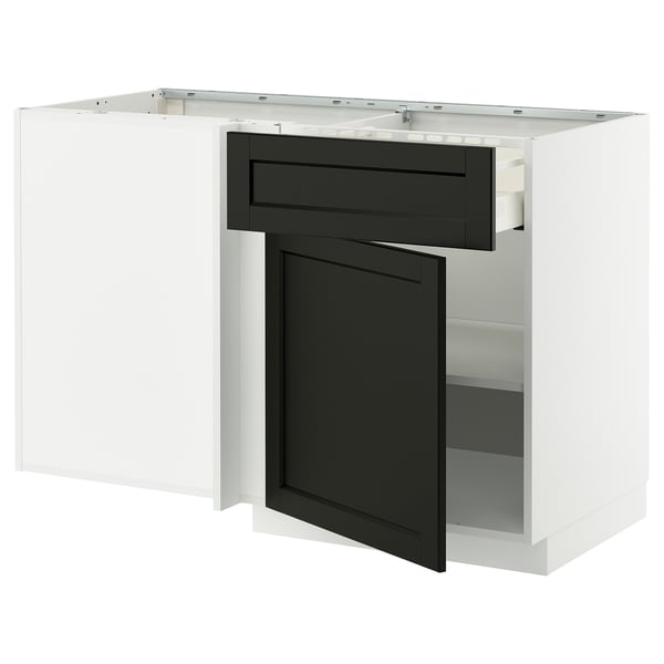 METOD / MAXIMERA corner base cab w drawer and shelf, white/Lerhyttan black stained, 128x68 cm