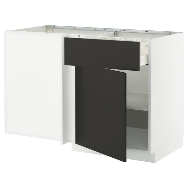 METOD / MAXIMERA corner base cab w drawer and shelf, white/Nickebo matt anthracite, 128x68 cm