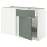 METOD / MAXIMERA corner base cab w drawer and shelf, white/Nickebo matt grey-green, 128x68 cm