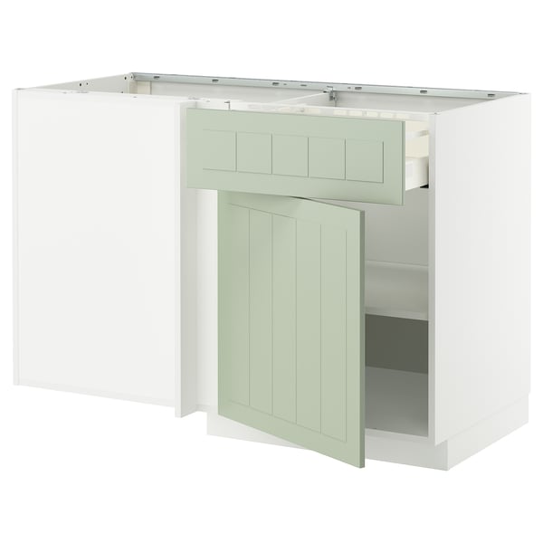 METOD / MAXIMERA corner base cab w drawer and shelf, white/Stensund light green, 128x68 cm