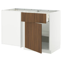 METOD / MAXIMERA corner base cab w drawer and shelf, white/Tistorp brown walnut effect, 128x68 cm