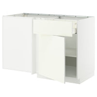 METOD / MAXIMERA corner base cab w drawer and shelf, white/Vallstena white, 128x68 cm
