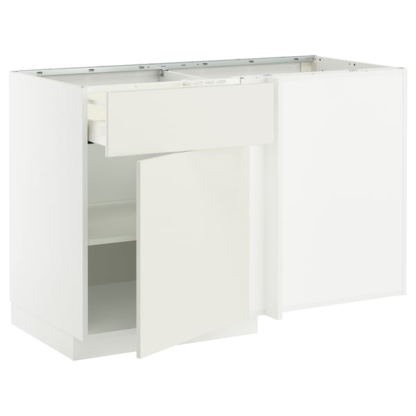 METOD / MAXIMERA corner base cab w drawer and shelf, white/Veddinge white, 128x68 cm