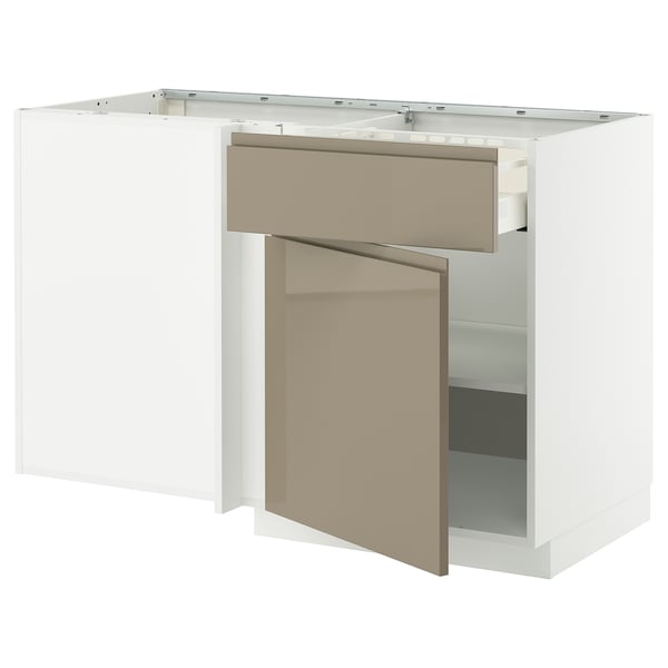METOD / MAXIMERA corner base cab w drawer and shelf, white/Voxtorp high-gloss dark grey-brown, 128x68 cm
