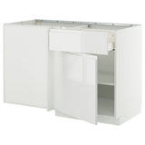 METOD / MAXIMERA corner base cab w drawer and shelf, white/Voxtorp high-gloss/white, 128x68 cm