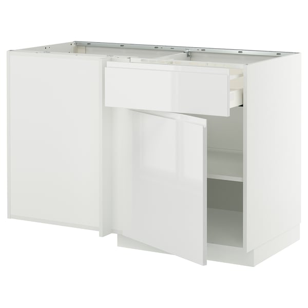 METOD / MAXIMERA corner base cab w drawer and shelf, white/Voxtorp high-gloss/white, 128x68 cm