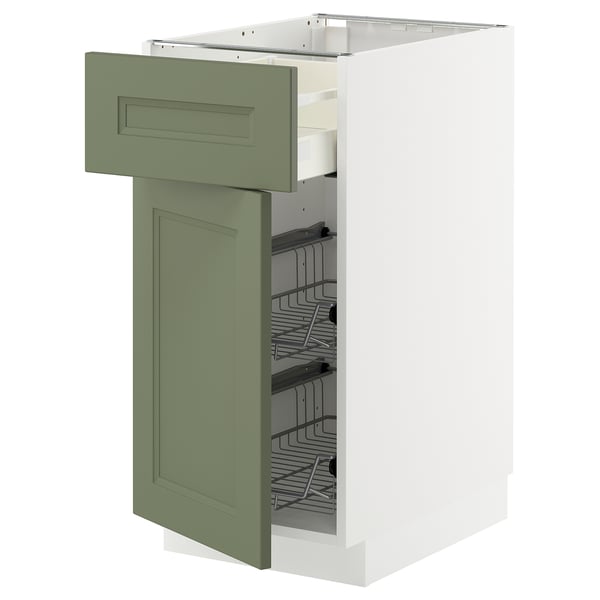 METOD / MAXIMERA base cab w wire basket/drawer/door, white/Axstad grey-green, 40x60 cm