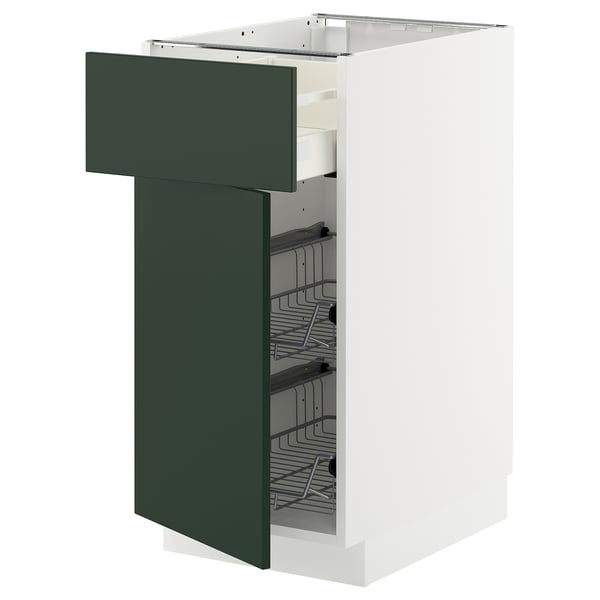 METOD / MAXIMERA base cab w wire basket/drawer/door, white/Havstorp deep green, 40x60 cm