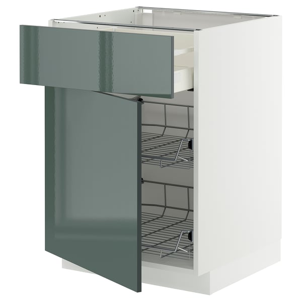 METOD / MAXIMERA base cab w wire basket/drawer/door, white/Kallarp high-gloss dark grey-green, 60x60 cm