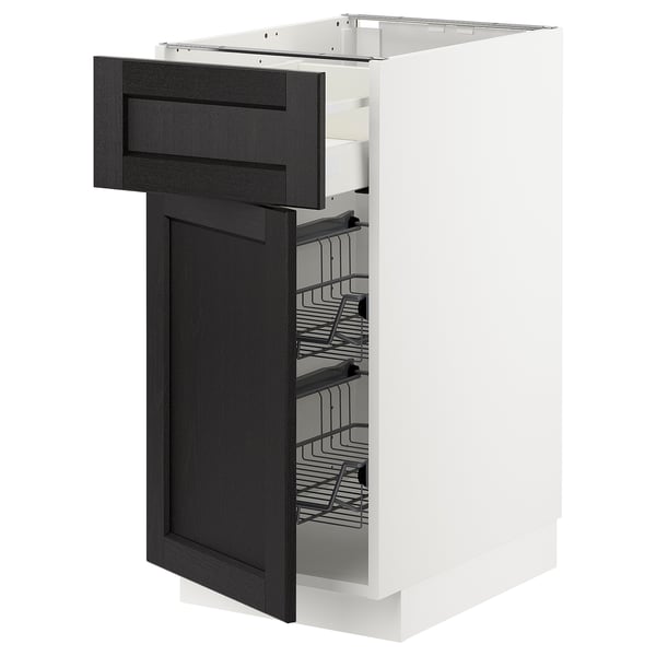 METOD / MAXIMERA base cab w wire basket/drawer/door, white/Lerhyttan black stained, 40x60 cm