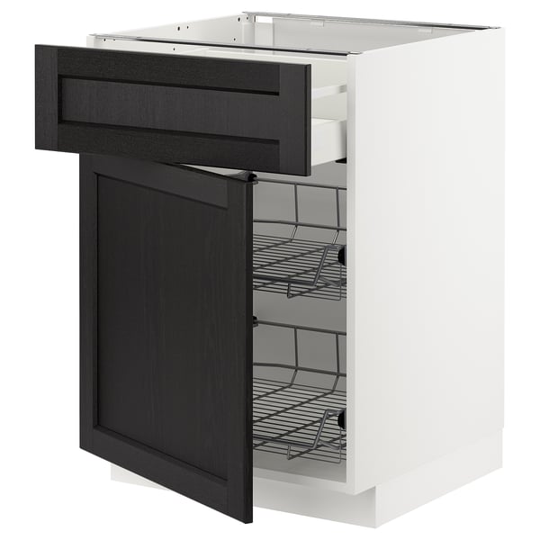 METOD / MAXIMERA base cab w wire basket/drawer/door, white/Lerhyttan black stained, 60x60 cm