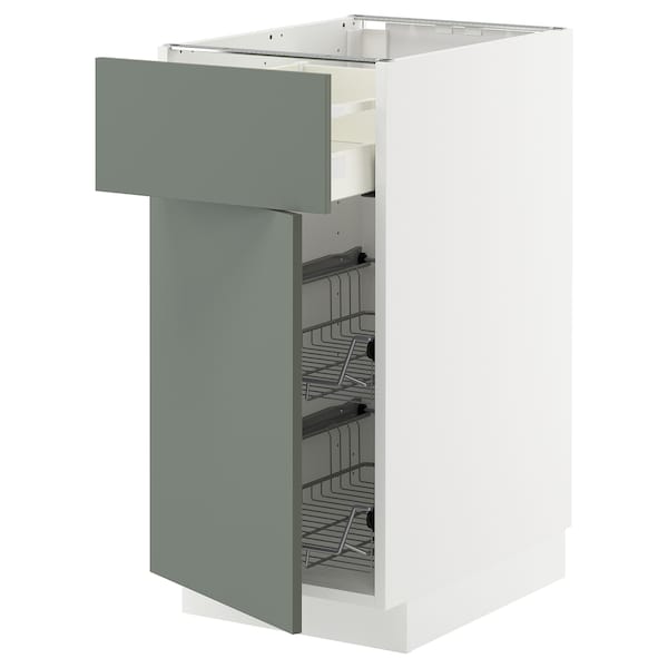 Ikea METOD / MAXIMERA - Base cab w wire basket/drawer/door, white/Nickebo matt grey-green, 40x60 cm