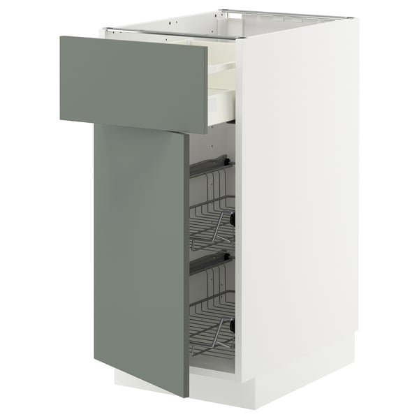 METOD / MAXIMERA base cab w wire basket/drawer/door, white/Nickebo matt grey-green, 40x60 cm