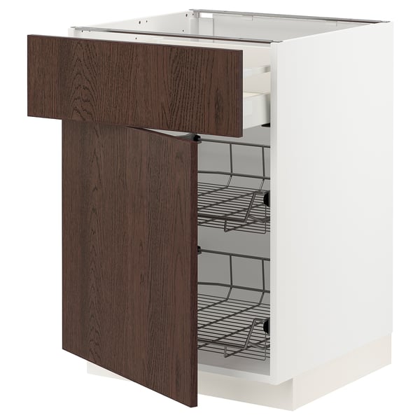 METOD / MAXIMERA base cab w wire basket/drawer/door, white/Sinarp brown, 60x60 cm