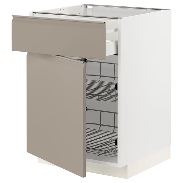 METOD / MAXIMERA base cab w wire basket/drawer/door, white/Upplöv matt dark beige, 60x60 cm