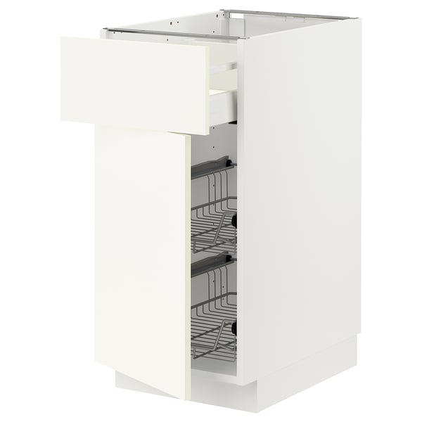 METOD / MAXIMERA base cab w wire basket/drawer/door, white/Vallstena white, 40x60 cm