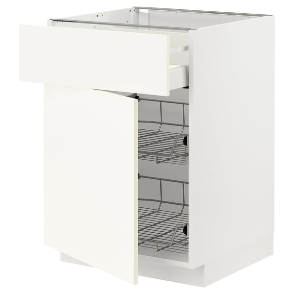 METOD / MAXIMERA base cab w wire basket/drawer/door, white/Vallstena white, 60x60 cm