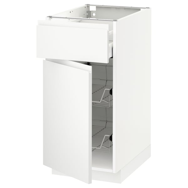 METOD / MAXIMERA base cab w wire basket/drawer/door, white/Voxtorp matt white, 40x60 cm