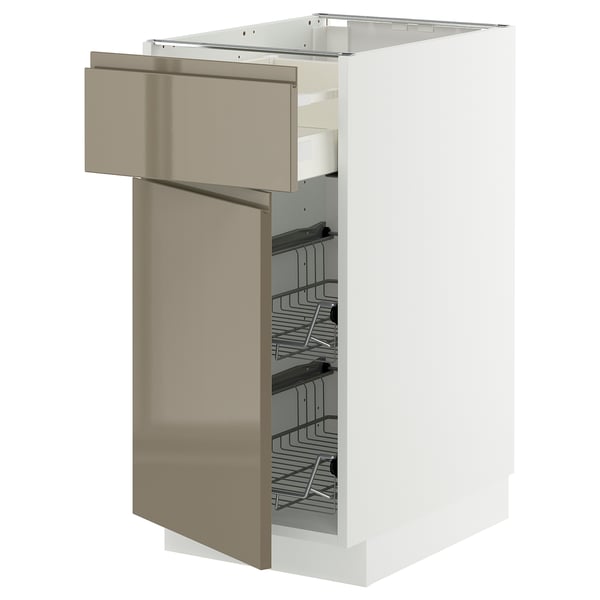 METOD / MAXIMERA base cab w wire basket/drawer/door, white/Voxtorp high-gloss dark grey-brown, 40x60 cm