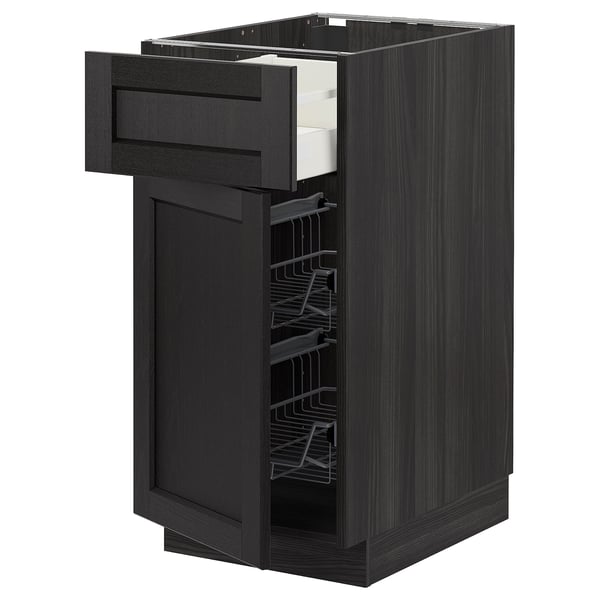 METOD / MAXIMERA base cab w wire basket/drawer/door, black/Lerhyttan black stained, 40.0x80.0x60.0 cm