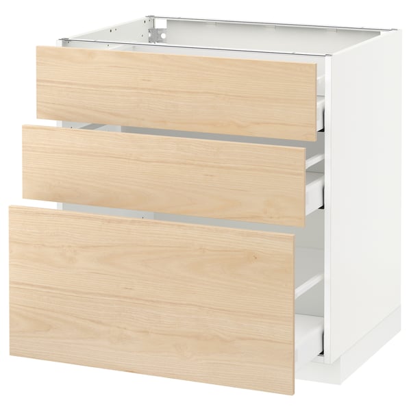 METOD / MAXIMERA base cabinet with 3 drawers, white/Askersund light ash effect, 80x60 cm