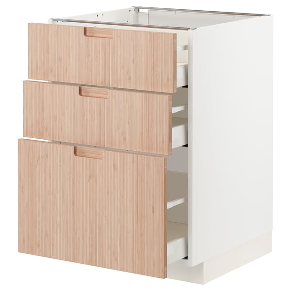 METOD / MAXIMERA base cabinet with 3 drawers, white/Fröjered light bamboo, 60x60 cm