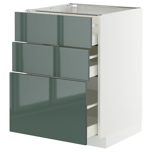 METOD / MAXIMERA base cabinet with 3 drawers, white/Kallarp high-gloss dark grey-green, 60x60 cm