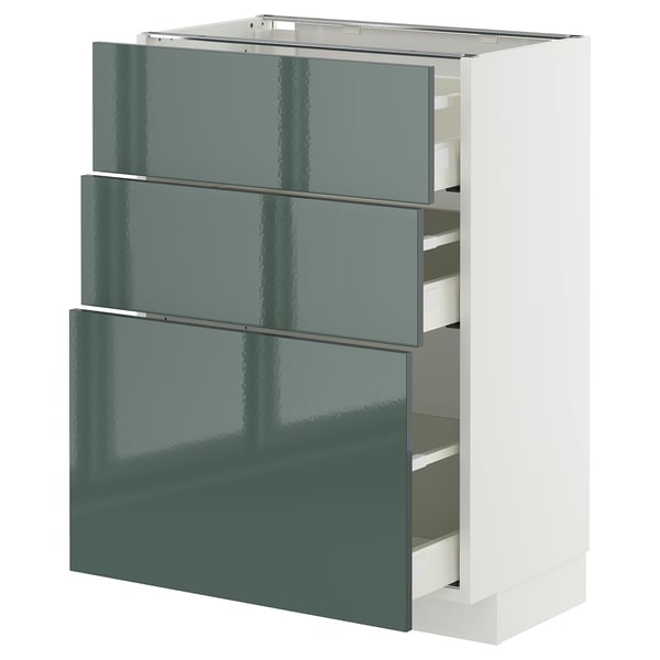 METOD / MAXIMERA base cabinet with 3 drawers, white/Kallarp high-gloss dark grey-green, 60x37 cm