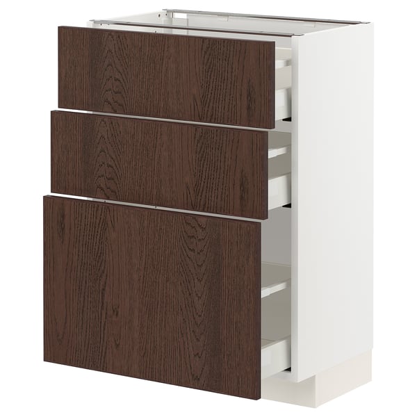METOD / MAXIMERA base cabinet with 3 drawers, white/Sinarp brown, 60x37 cm