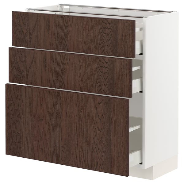METOD / MAXIMERA base cabinet with 3 drawers, white/Sinarp brown, 80x37 cm