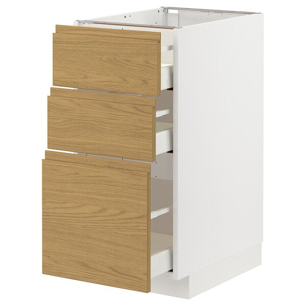 METOD / MAXIMERA - Base cabinet with 3 drawers, white/Voxtorp oak effect, 40x60 cm