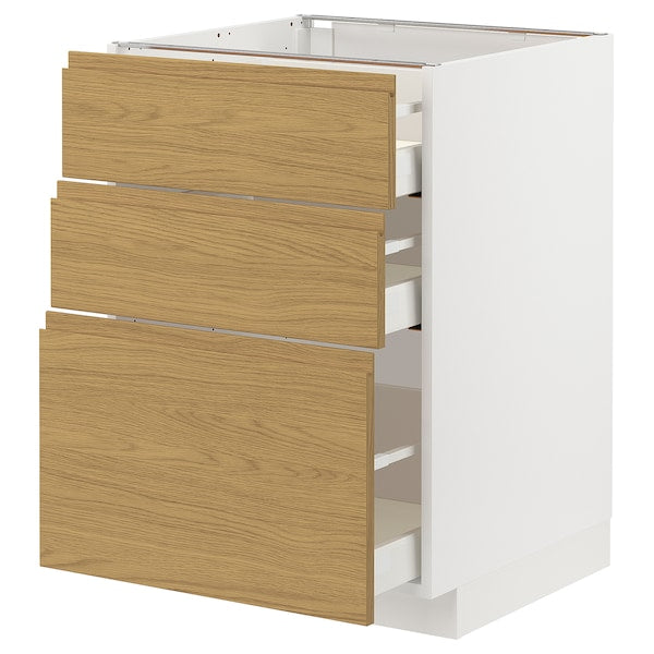 METOD / MAXIMERA - Base unit with 3 drawers, white/Voxtorp oak effect,60x60 cm
