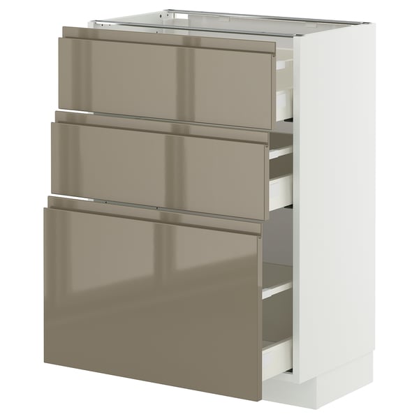METOD / MAXIMERA base cabinet with 3 drawers, white/Voxtorp high-gloss dark grey-brown, 60x37 cm