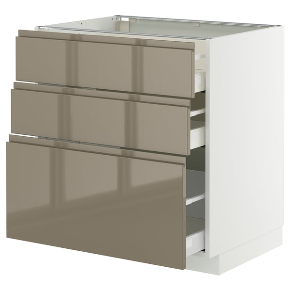 METOD / MAXIMERA base cabinet with 3 drawers, white/Voxtorp high-gloss dark grey-brown, 80x60 cm