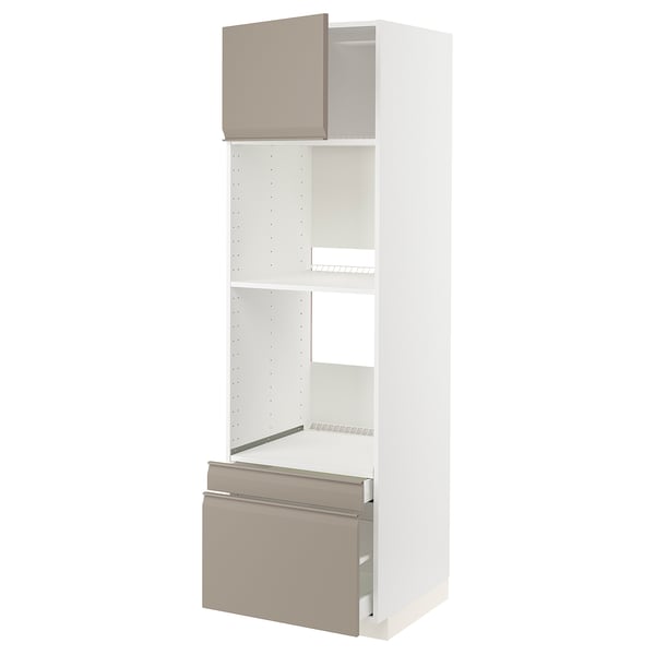 METOD / MAXIMERA hi cab f ov/combi ov w dr/2 drwrs, white/Upplöv matt dark beige, 60x60x200 cm
