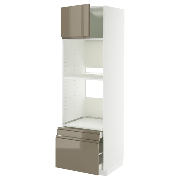 METOD / MAXIMERA hi cab f ov/combi ov w dr/2 drwrs, white/Voxtorp high-gloss dark grey-brown, 60x60x200 cm