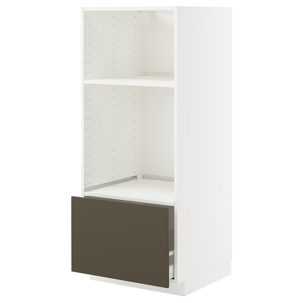METOD / MAXIMERA high cab for oven/micro w drawer, white/Havstorp brown-beige, 60.0x140.0x60.0 cm