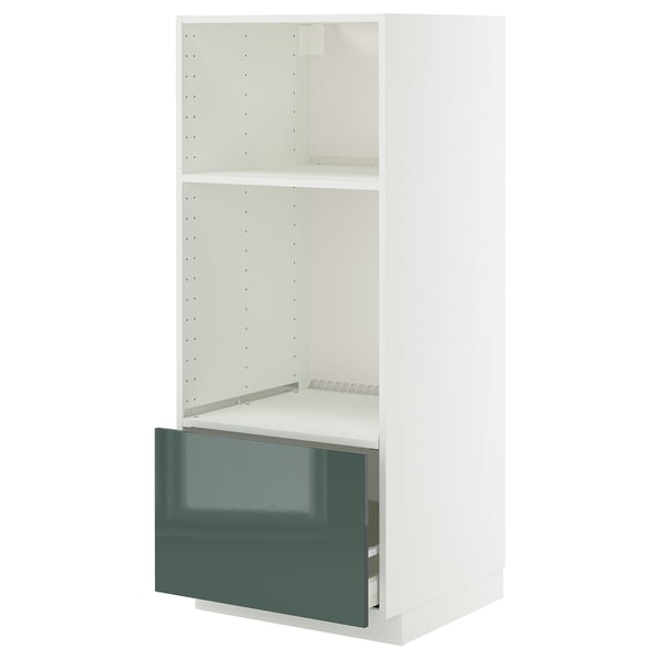 METOD / MAXIMERA high cab for oven/micro w drawer, white/Kallarp high-gloss dark grey-green, 60x60x140 cm