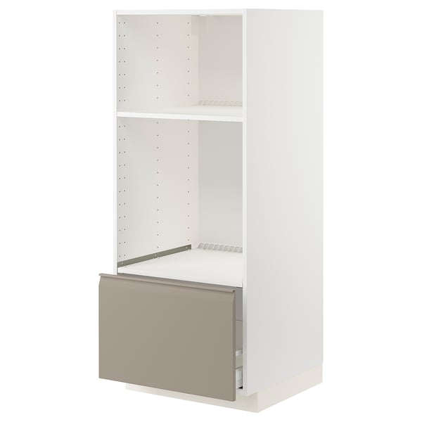 METOD / MAXIMERA high cab for oven/micro w drawer, white/Upplöv matt dark beige, 60.0x140.0x60.0 cm